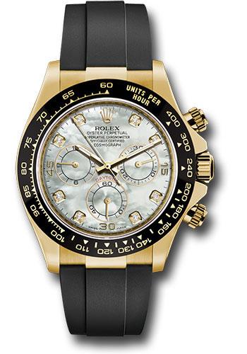 Rolex Yellow Gold Cosmograph Daytona 40 Watch - White Mother-Of-Pearl Diamond Dial - Black Oysterflex Strap - 116518LN mdof