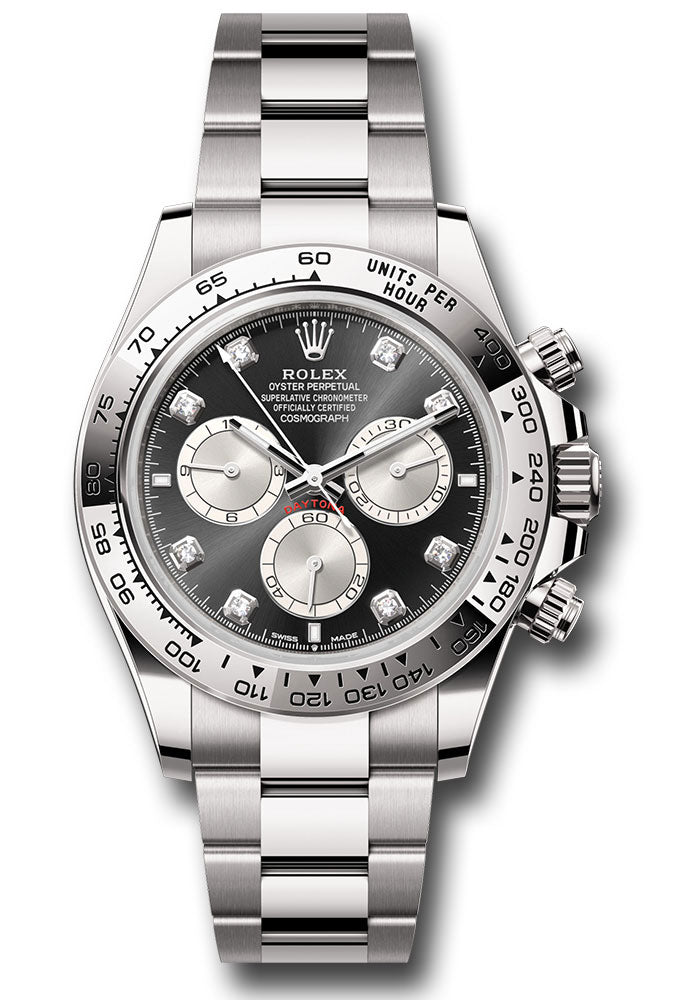 Rolex White Gold Cosmograph Daytona Watch - Fixed Bezel - Black And Steel Diamond Dial - Oyster Bracelet - 126509