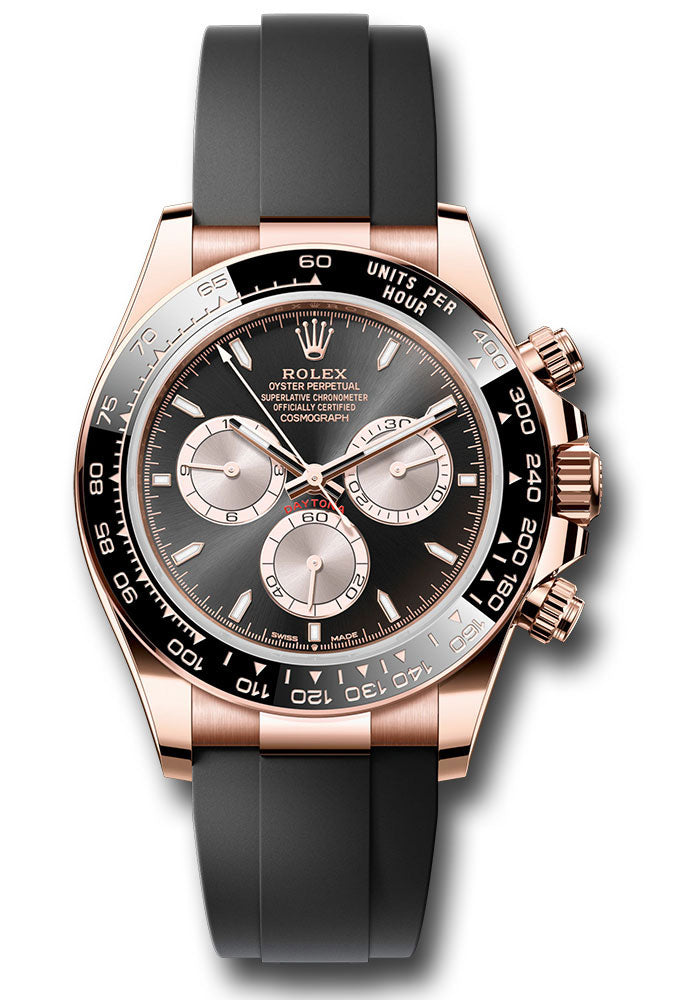 Rolex Everose Gold Cosmograph Daytona Watch - Black Cerachrom Bezel - Black And Sundust Index Dial - Oysterflex Strap - 126515