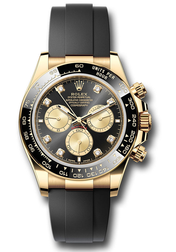 Rolex Yellow Gold Cosmograph Daytona Watch - Black Cerachrom Bezel - Black And Golden Diamond Dial - Oysterflex Strap - 126518