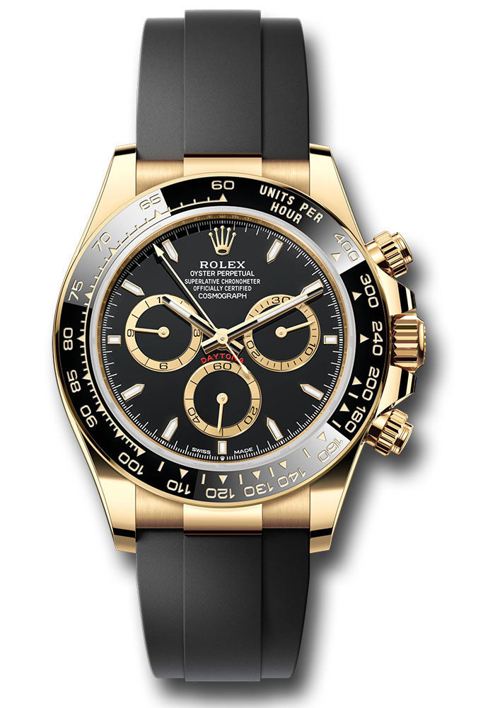 Rolex Yellow Gold Cosmograph Daytona Watch - Black Cerachrom Bezel - Black Index Dial - Oysterflex Strap - 126518