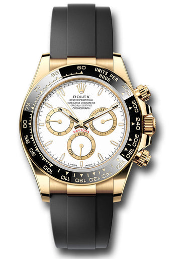 Rolex Yellow Gold Cosmograph Daytona Watch - Black Cerachrom Bezel - White Index Dial - Oysterflex Strap - 126518