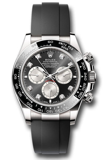 Rolex White Gold Cosmograph Daytona Watch - Black Cerachrom Bezel - Black And Steel Diamond Dial - Oysterflex Strap - 126519