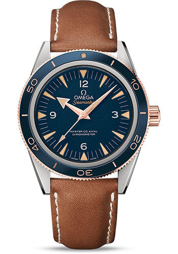 Omega Seamaster 300 Omega Master Co-Axial Watch - 41 mm Titanium Case - Sedna Gold Bezel - Blue Dial - Brown Leather Strap - 233.62.41.21.03.001