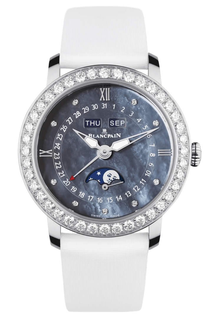 Blancpain Ladybird Quantieme Complet Diamond Mother of Pearl Satin Ladies Watch - 3663 4654L 52B