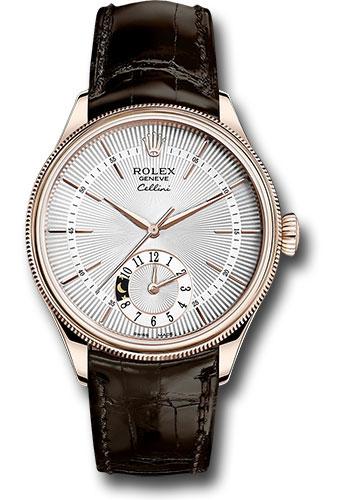 Rolex Cellini Dual Time Watch - Everose Gold - Silver Dial - Brown Leather Strap - 50525 sbr