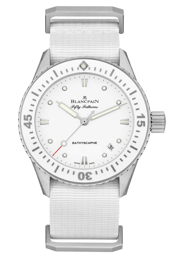 Blancpain Fifty Fathoms Bathyscaphe 38mm Ultra-Slim White NATO Ladies Watch - 5100 1127 NAWA