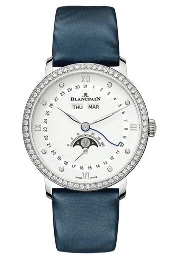 Blancpain Villeret Quantieme Complet Steel Diamond Blue Satin Ladies Watch - 6264 4628 95A