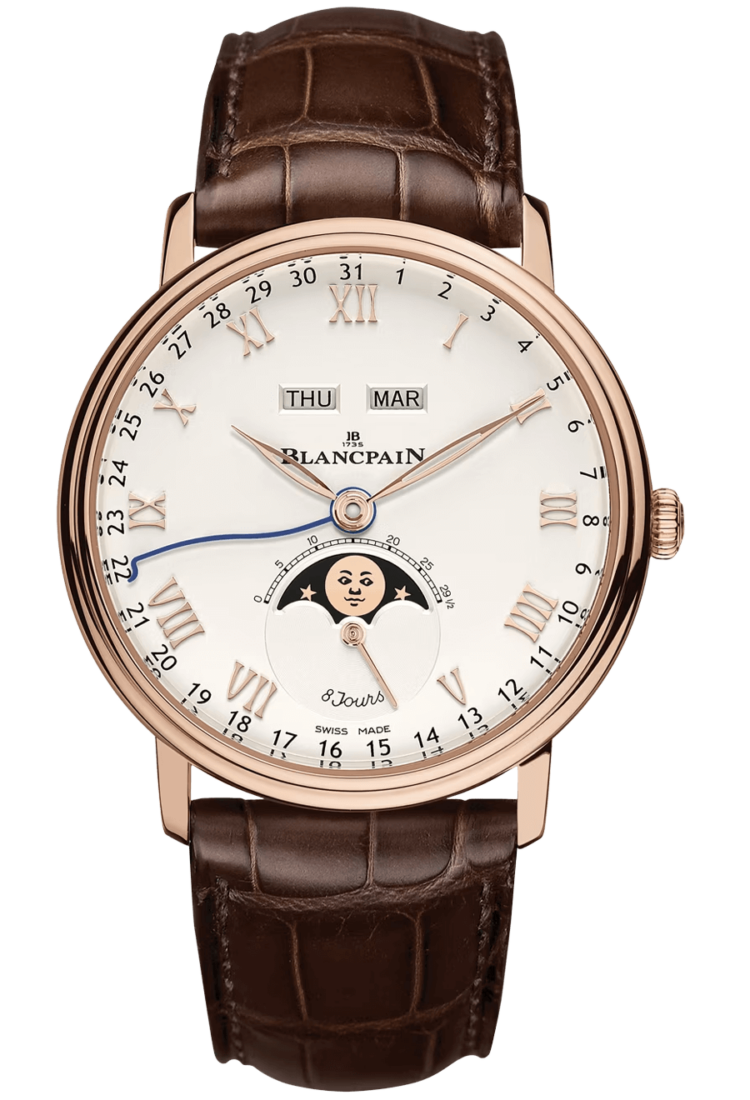 Blancpain Villeret Quantieme Complet 8 Jours Opaline Red Gold Alligator Men's Watch - 6639 3642 55B