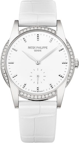 Patek Philippe Ladies Calatrava 33mm White Hobnail Index Diamond Bezel White Gold Leather - 7122-200G-001