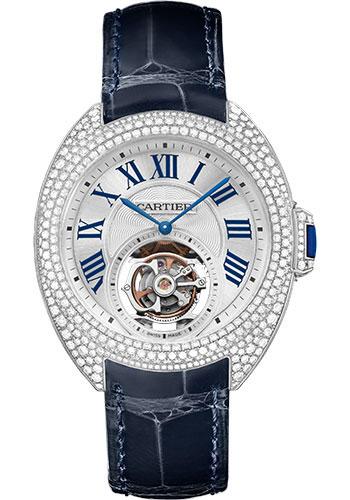 Cartier Cle de Cartier Flying Tourbillon Watch - 35 mm White Gold Diamond Case - Brass Dial - Navy Blue Alligator Strap - HPI00933