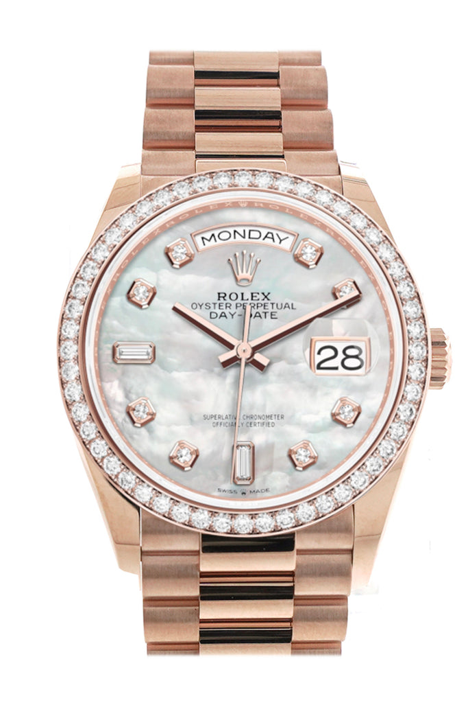 Rolex Day-Date 36 Mother of Pearl Diamond Dial Diamond Bezel 18K Everose Gold President Watch 128345RBR