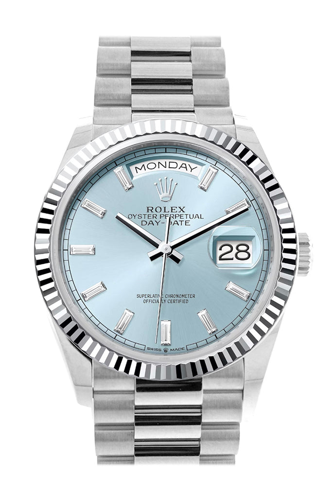 Rolex Day-Date 36 Ice Blue Diamond Dial Fluted Bezel Platinum President Watch 128236