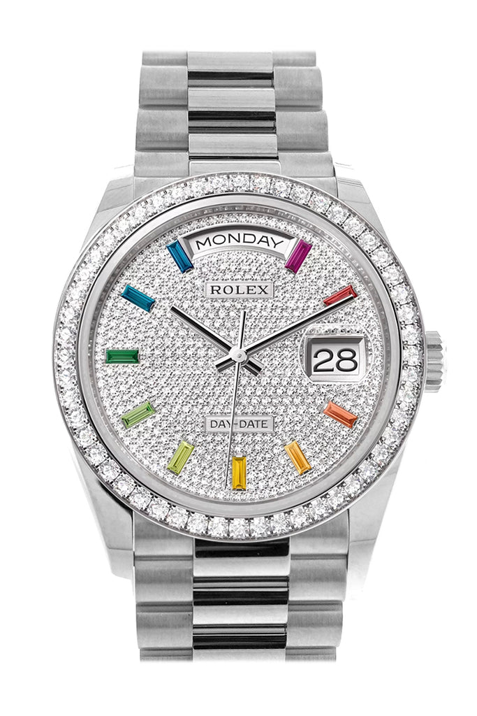 Rolex Day-Date 36 Diamond Paved Dial Diamond Bezel White Gold President Watch 128349RBR