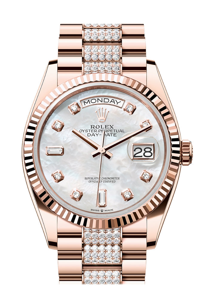 Rolex Day-Date 36 Mother of pearl Diamond Dial Fluted Bezel 18K Everose gold Diamond President Watch 128235