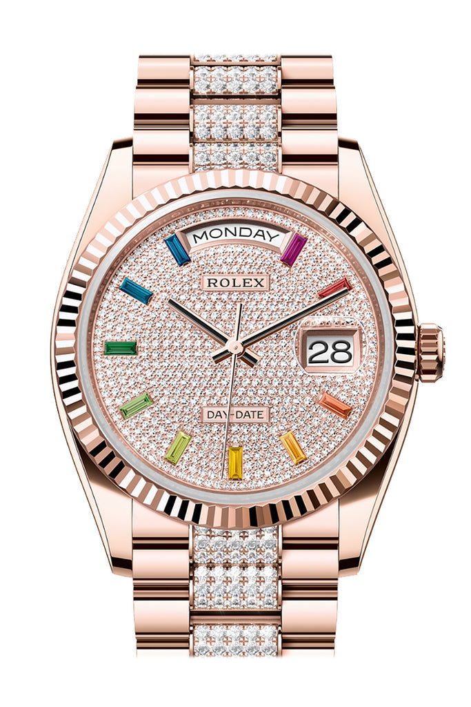 Rolex Day-Date 36 Diamond Paved Dial Fluted Bezel 18K Everose gold Diamond President Watch 128235