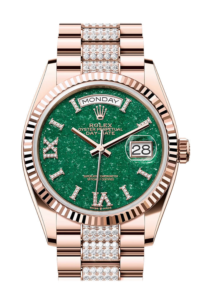 Rolex Day-Date 36 Aventurine Diamond Dial Fluted Bezel 18K Everose gold Diamond President Watch 128235