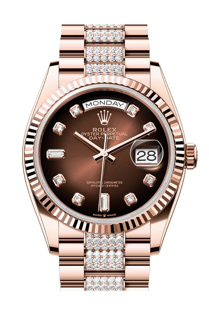 Rolex Day-Date 36 Brown Ombre Diamond Dial Fluted Bezel 18K Everose gold Diamond President Watch 128235