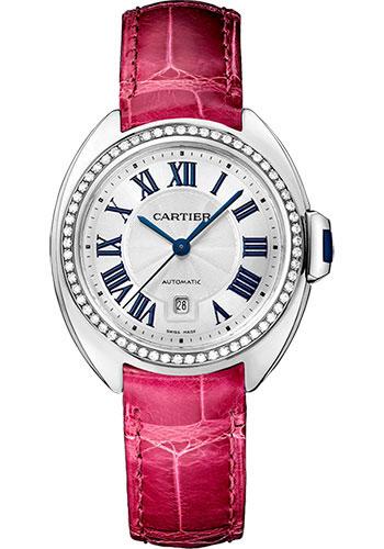 Cartier Cle De Cartier Watch - 31 mm White Gold Diamond Case - Diamond Bezel - Silver Dial - Fuchsia Pink Alligator Strap - WJCL0015