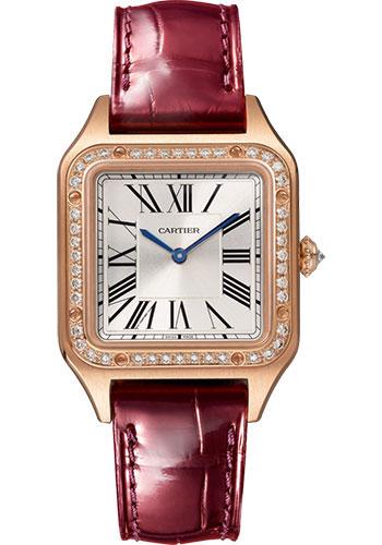 Cartier Santos-Dumont Watch - 38 mm x 27.5 mm Pink Gold Case - Silver Satin-Brushed Dial - Burgundy Leather Strap - WJSA0017