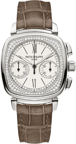 Patek Philippe Complications Ladies Chronograph 35 x 39mm Silver Opaline Roman White Gold Diamond Set Leather Manual | 7071G-001