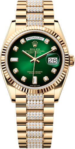 Rolex Day-Date 36 36mm Green Ombré Diamond-Set Dial Fluted Bezel with Diamond-Set President Bracelet - 128238