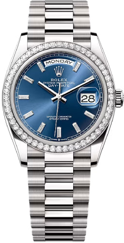 Rolex Day-Date 36 36mm Bright Blue Diamond-Set Dial Diamond-Set Bezel President Bracelet - 128349RBR