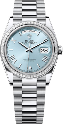 Rolex Day-Date 36 36mm Ice-Blue Roman Dial Diamond-Set Bezel President Bracelet - 128396TBR